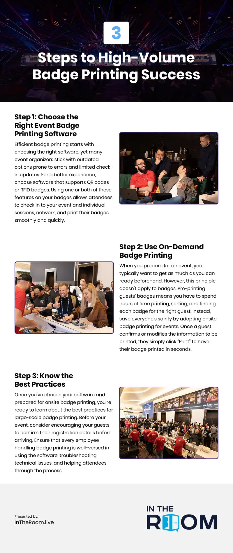 3 Steps to High-Volume Badge Printing Success Infographic